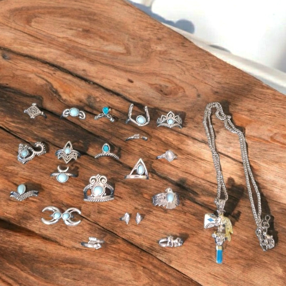 20 Pc. Silvertone Ring Necklace Lot Southwestern Aztec Boho Fashion Jewelry New